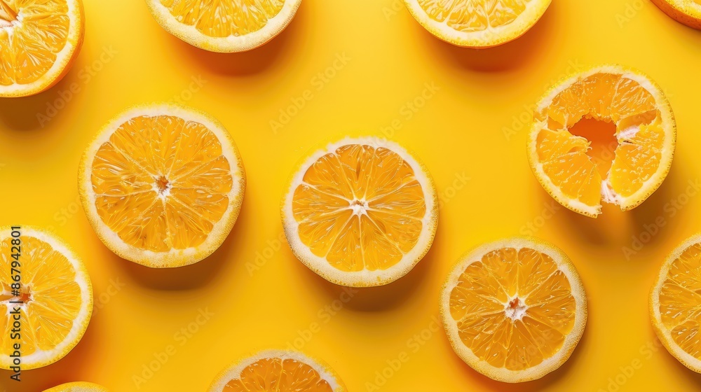 Poster fresh orange slices on yellow background in pop art style viewed from above with space for text
