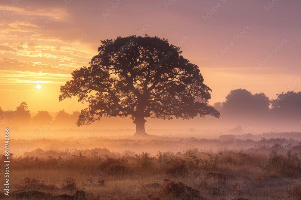 Poster a large tree stands in a field with a foggy sky in the background. the tree is silhouetted against t