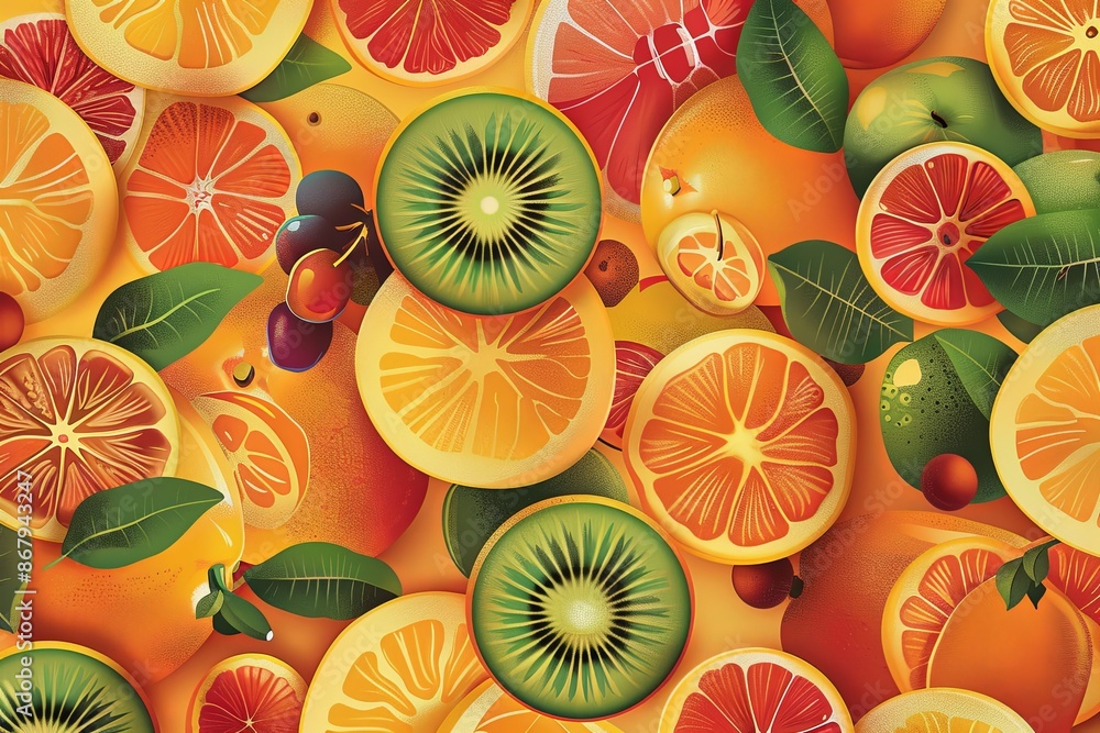 Poster A close-up image of a variety of citrus fruits and kiwi slices arranged on a bright yellow background. Generative AI