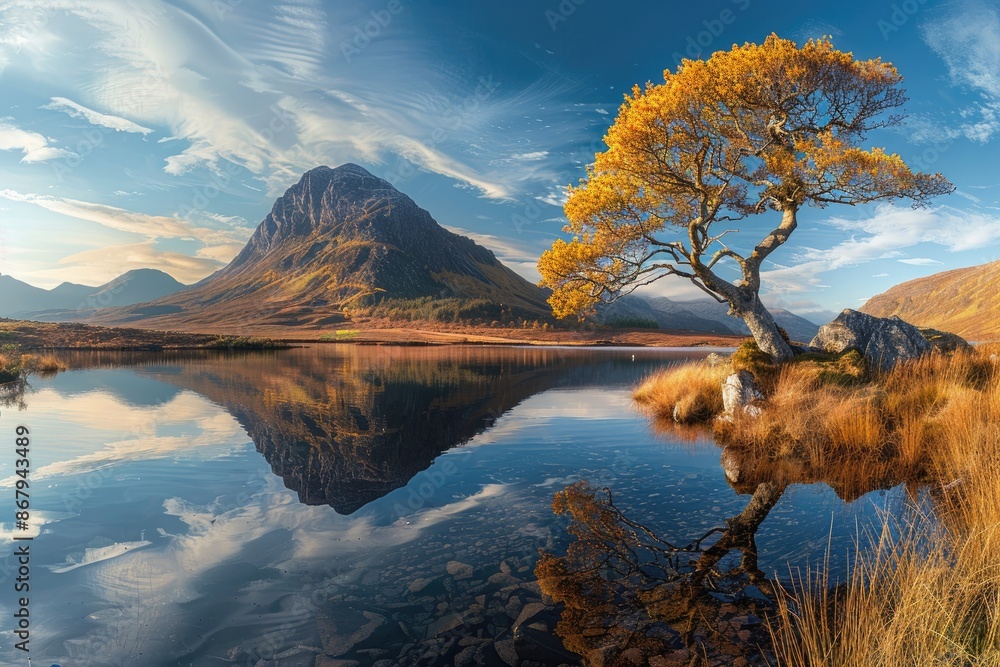 Poster a beautiful landscape with a large mountain in the background and a tree in the foreground. the wate