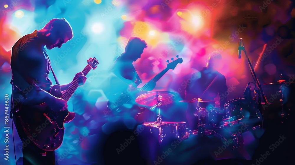 Aufkleber silhouettes of a band performing on stage illuminated by colorful lights. generative ai