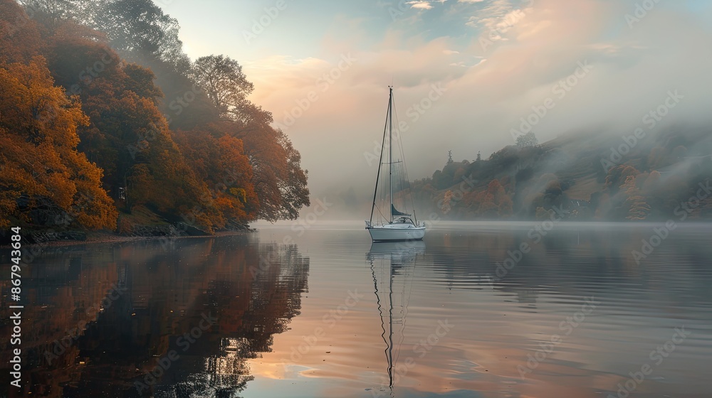 Poster a small sailboat is floating on a lake with a cloudy sky in the background. the water is calm and th