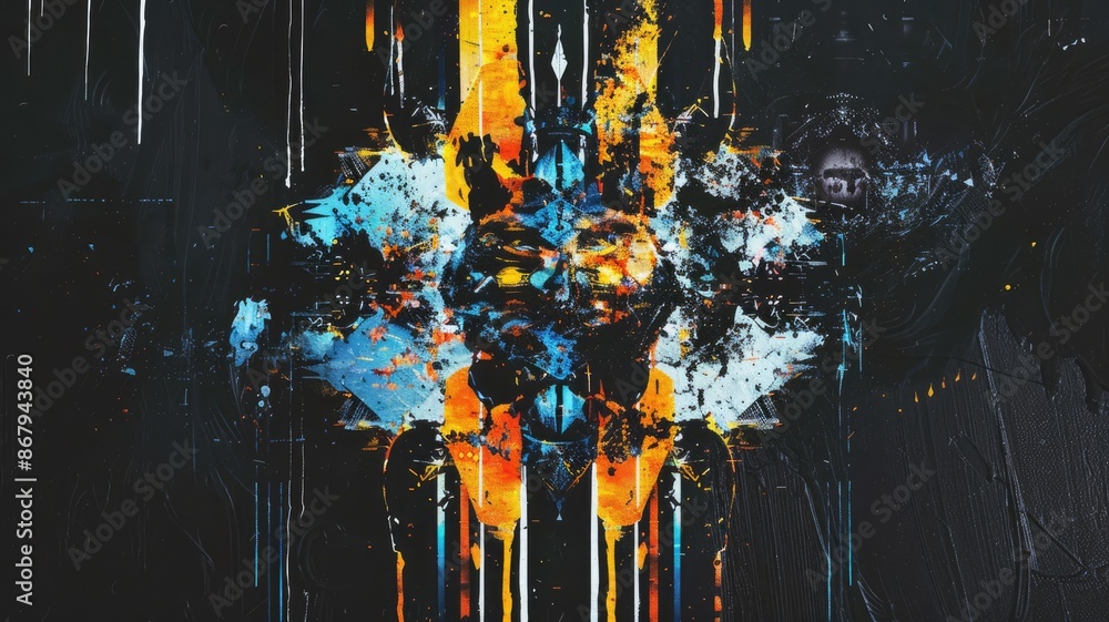 Poster abstract colorful digital painting with geometric shapes and splashes on a dark background. digital 