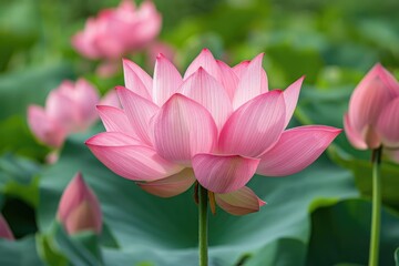 A pink flower with a green stem is the main focus of the image. The flower is surrounded by other pink flowers, creating a beautiful and serene scene. Scene is peaceful and calming
