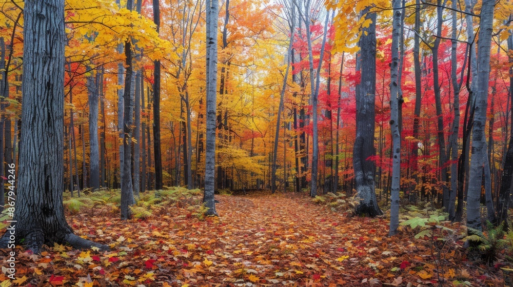 Poster A forest with many trees and a path through it. The leaves are orange and yellow