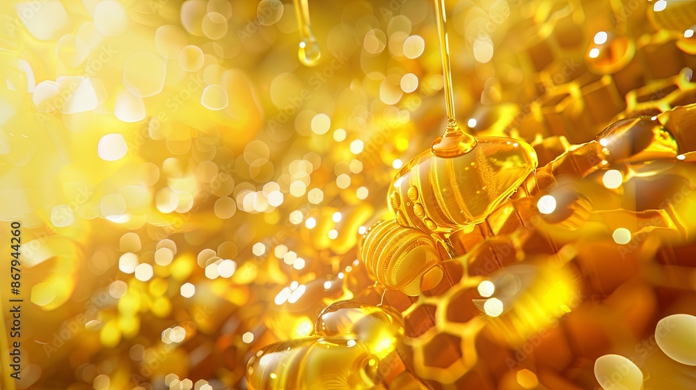 Poster a close-up image of golden honey dripping over honeycomb cells, with a bright light shining in the b