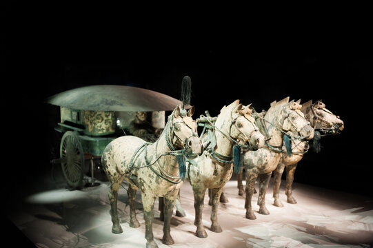 Xi'an, China - December 18th 2010 - Photos of a Terracotta warrior chariot drawn by horses uncovered at the Emperor Qin Shihuang Mausoleum Site Museum