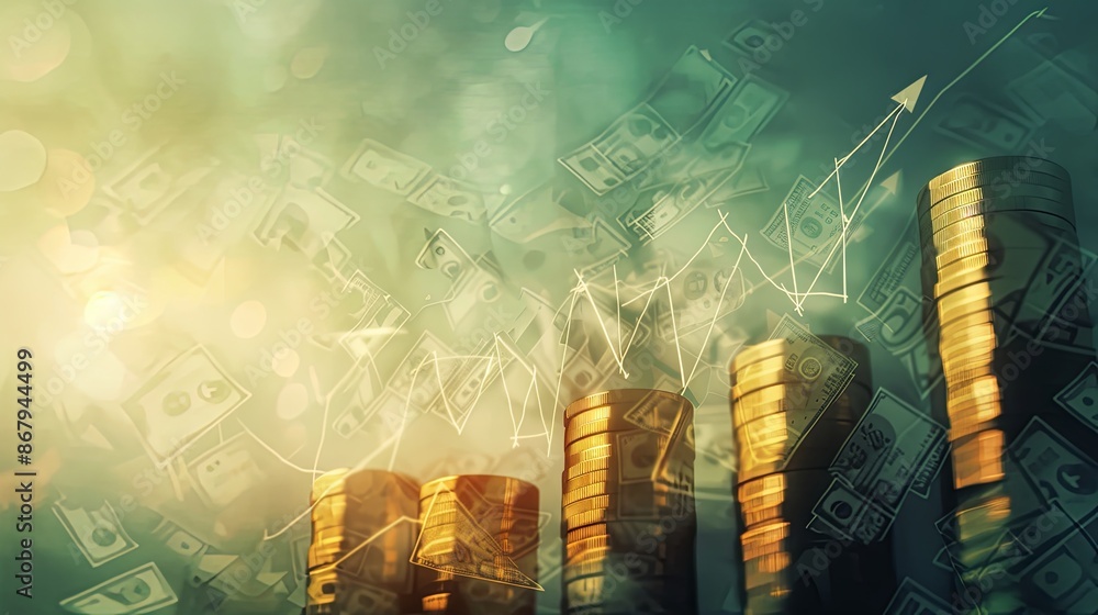 Poster a close-up image of several stacks of gold coins rising against a background of dollar bills and an 