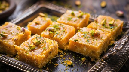 Traditional Indian Sweet Moong Dal Burfi with Yellow Gram Flour Ghee Mawa Pistachio in Tray