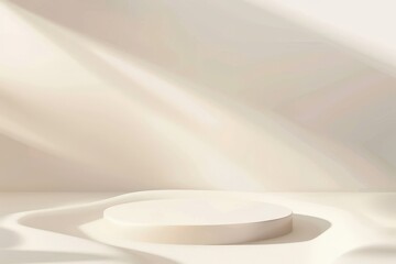 Minimalistic white podium on sand with sunlight shadows for product display. Concept of beauty, fashion, cosmetics, and summer.