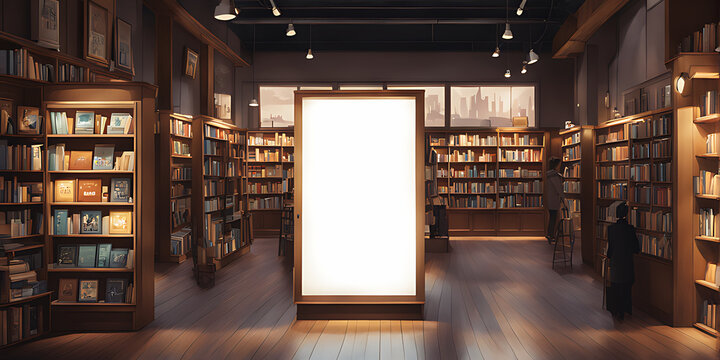 White blank billboard on bookstore, for advertising, mockup presentations, announcements, promotions, and digital marketing. Blank sign poster in bookstore shop banner 


