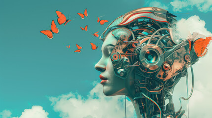 Stylized female cyborg head with mechanical components, surrounded by vibrant orange butterflies against a bright sky