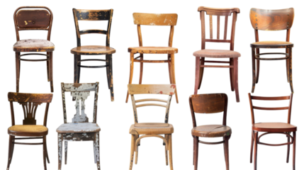 Wooden old chairs collection on transparent background