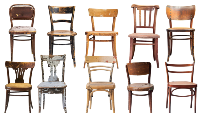 Wooden old chairs collection on transparent background