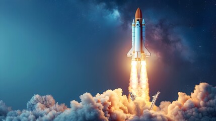 Fototapeta premium Successful Launch of Innovative Rocket on Blue Background Concept of Spaceship Lift off and Entrepreneurial Beginnings