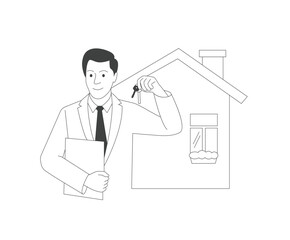 Man realtor holding keys to a house for sale and smiling. line vector illustration. Real estate agent standing near a building. Real estate transaction. Announcement about the sale and rental