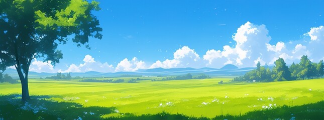 Pixelated artwork depicting a verdant meadow with fluffy clouds set against a vivid blue sky, ideal for creating a serene setting reminiscent of a vintage video game landscape.
