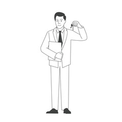 Smiling male realtor holds the keys to a cottage house in his hands. Advertisement for sale and rental of real estate. real estate transaction
linear vector illustration