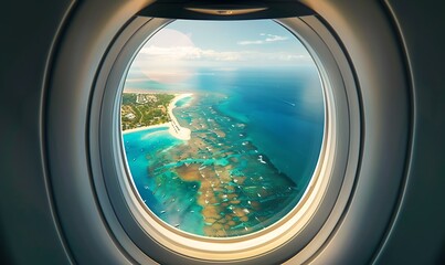 An airplane window with a city and ocean