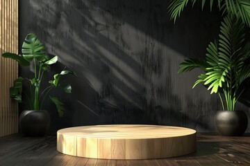 Fototapeta premium Minimalist wooden podium with tropical plants and dark wall for product display. Natural and eco-friendly showcase platform for cosmetics or beauty products.