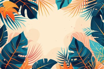 Fototapeta premium Vibrant Tropical Summer Background with Colorful Palm and Monstera Leaves, Ideal for Vacation, Travel, and Nature-themed Designs