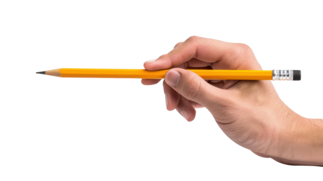 Hand holding a pencil on transparent background