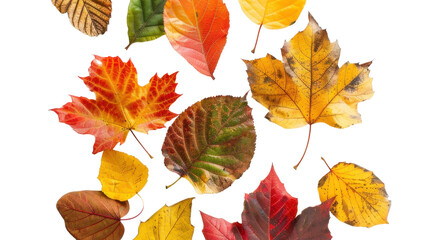Obraz premium Collection of colored fallen autumn leaves on transparent background