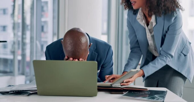 Businessman, multitasking and laptop for time management, mental health and frustrated at desk. Male person, overwhelmed and stress with burnout, office and tech for workflow in finance agency