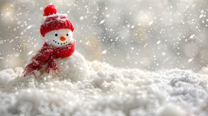 Winter background with Christmas toys in snow, snowflakes, with beautiful light and bokeh on blue sky in evening