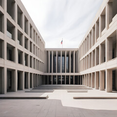 Fototapeta premium Grand, modern architectural courtyard with repeating columns and a flag flying high.