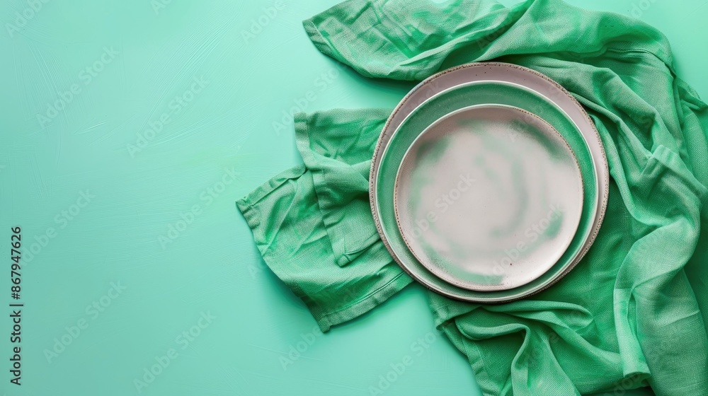 Aufkleber green kitchen napkin in top view on isolated table background with folded cloth for mockup and copy 