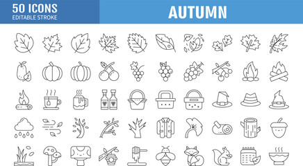 Set of 50 autumn Line Icons Editable Stroke