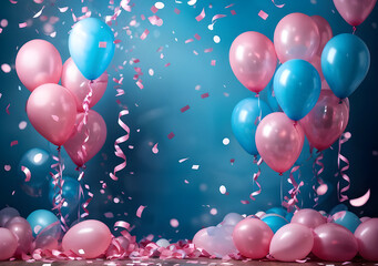 Baby gender reveal party: pink and blue balloons border with confetti and bokeh, festive. Generative AI