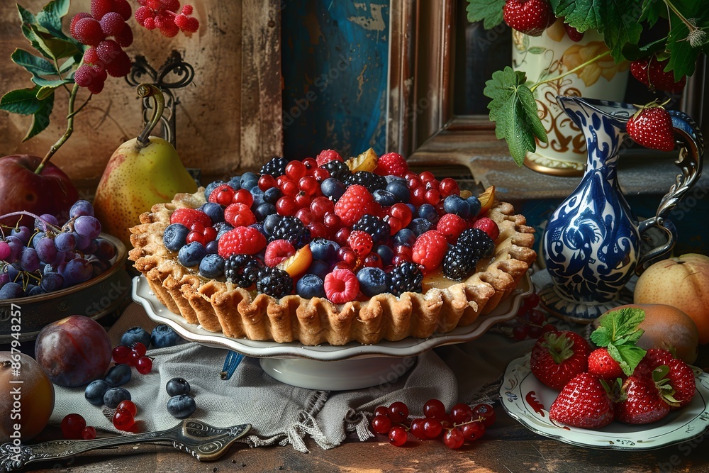 Poster a freshly baked tart filled with a variety of berries sits on a rustic table surrounded by grapes, p