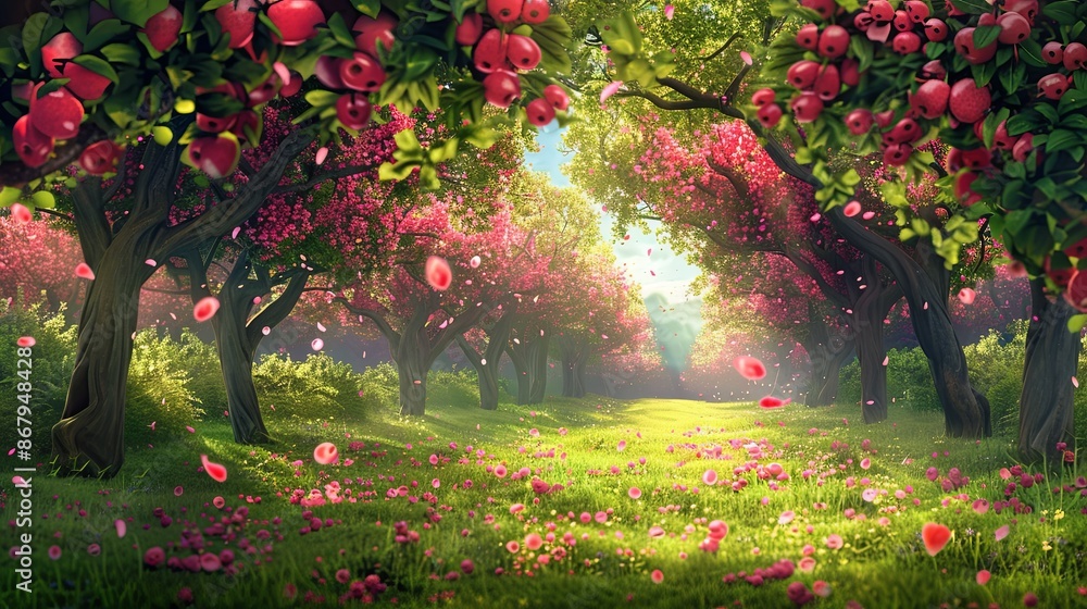 Poster Digital illustration of a lush green forest with apple trees full of ripe fruit. Sunbeams create a magical scene with pink petals floating in the air. Generative AI