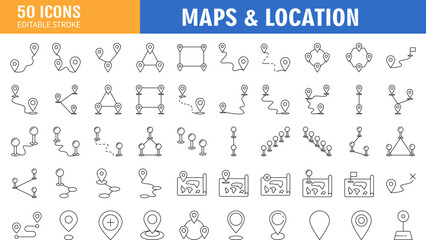 Maps and location icon set. Contains such Icons as Map with a Pin, Route map, Navigator, Direction, location and more. Editable Stroke icon. Vector illustration © ARIF MIFTAHUL ANWAR