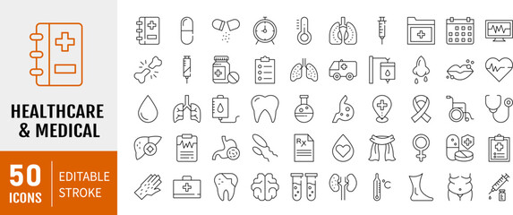 Medical editable stroke line Icons set. Cotaining as Hospital, patient, medicine, pharmacy, nurse, prescription and medical report. Vector illustration