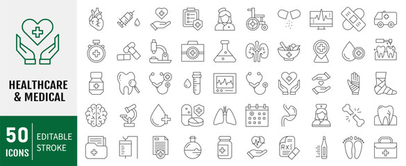 Healthcare and medical Icons set. Containing icons: Hospital, patient, medicine, pharmacy, nurse, prescription and medical report and more. Vector illustration