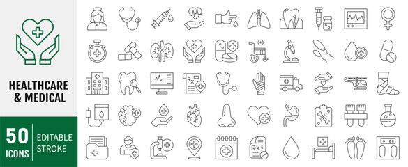 Medical line editable Icons set. Containing Hospital, patient, medicine, pharmacy, nurse, prescription and medical report. and more Vector illustration