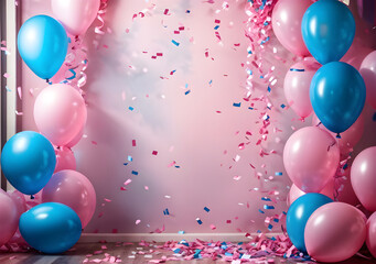 Baby gender reveal party: pink and blue balloons border with confetti and bokeh, festive. Generative AI