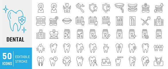 Dental line editable icon set. Containing tooth, toothpaste, toothbrush, teeth, implant and dentistry icons. Dental icon collection. Vector illustration.
