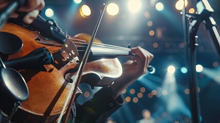 Fototapeta premium Talented musician performing a violin solo on stage at a concert. Experienced violinist showcasing musical artistry in a live performance,