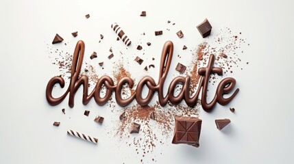 The word 'Chocolate' is written in melted chocolate letters on a clean white background. The rich, shiny texture of melting chocolate. Suitable for dessert menus. Creating a dessert brand