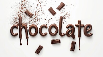 The word 'Chocolate' is written in melted chocolate letters on a clean white background. The rich, shiny texture of melting chocolate. Suitable for dessert menus. Creating a dessert brand