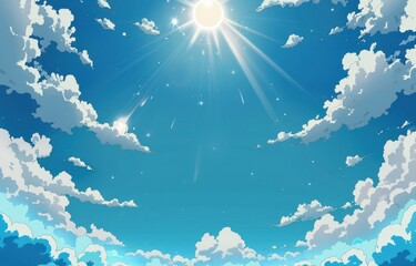 Vibrant anime style illustration of a bright blue sky with fluffy white clouds and shining sun. Ideal for backgrounds, wallpapers, and summer themes.