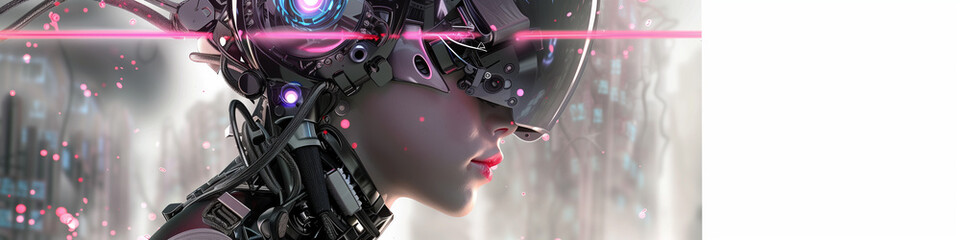 Obraz premium Side profile of a person with cybernetic enhancements and a pink laser beam. 