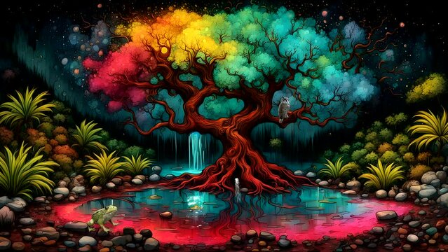 The animated view of the big tree, in the center of the pond at night looks beautiful and there are frogs, during summer.  Seamless looping 4k time-lapse animation video background