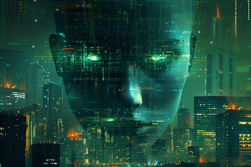 Naklejka premium Digital face with cityscape background and green holographic elements.