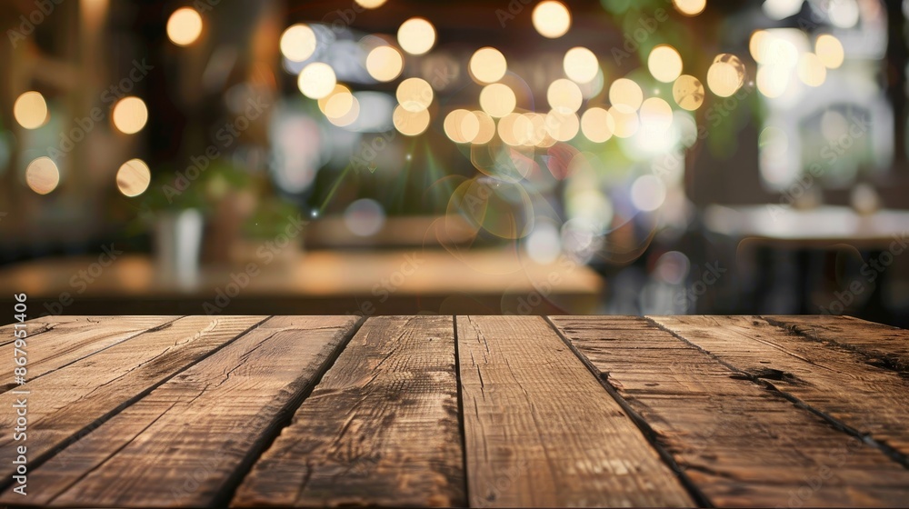 Poster wooden table in cafe with bokeh effect