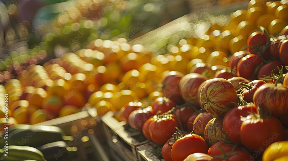 Poster close-up shot of ripe red and yellow tomatoes on display in a market stall. the colorful produce is 